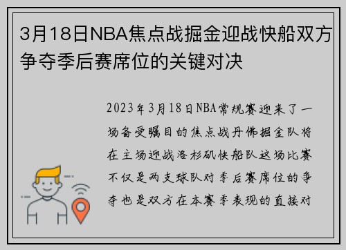 3月18日NBA焦点战掘金迎战快船双方争夺季后赛席位的关键对决