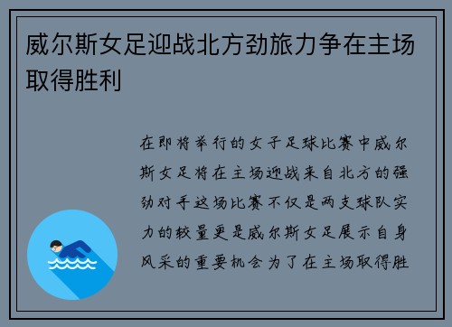 威尔斯女足迎战北方劲旅力争在主场取得胜利